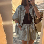 Striped Half Sleeve Shirt and Wide Leg Shorts Set