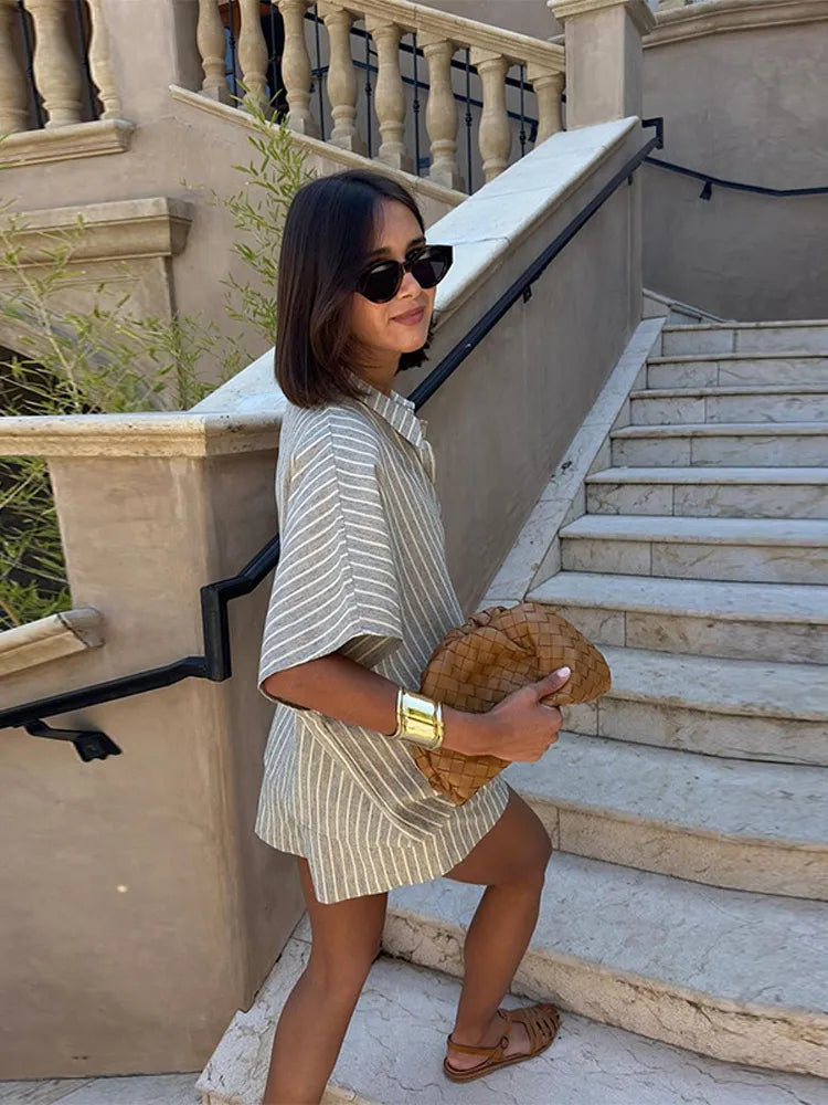Striped Half Sleeve Shirt and Wide Leg Shorts Set