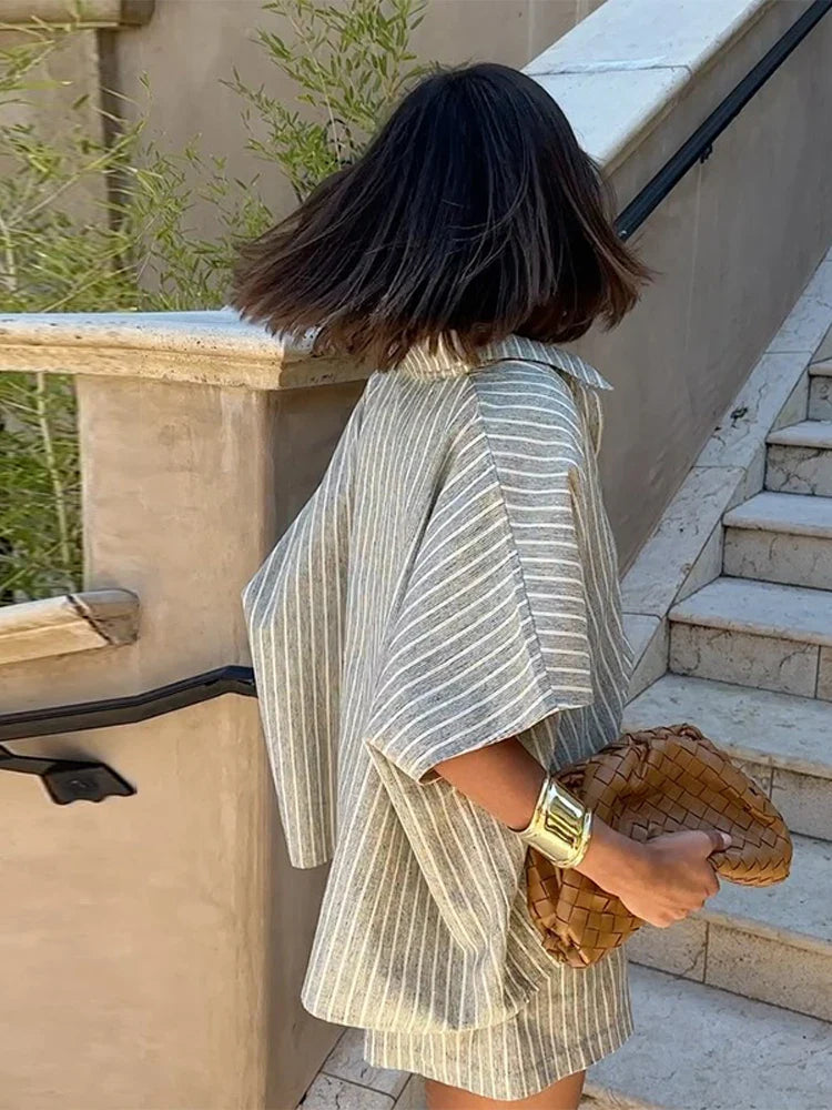 Striped Half Sleeve Shirt and Wide Leg Shorts Set