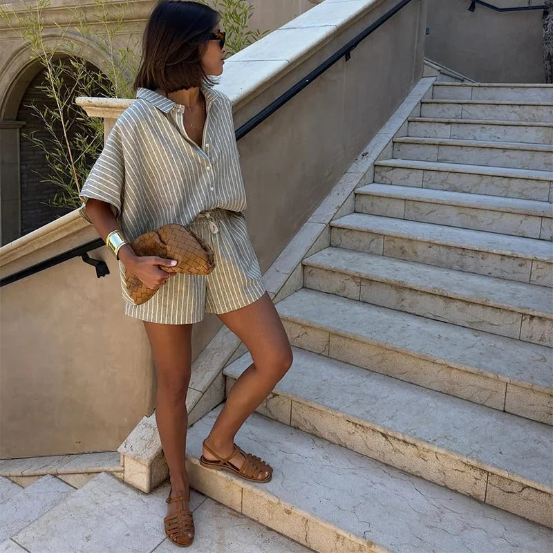 Striped Half Sleeve Shirt and Wide Leg Shorts Set
