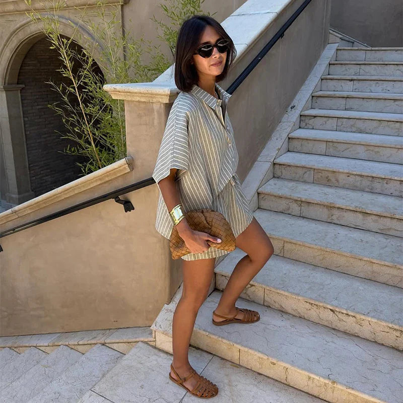 Striped Half Sleeve Shirt and Wide Leg Shorts Set