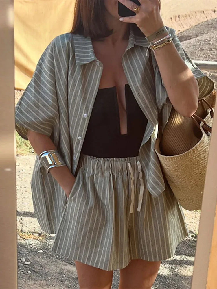 Striped Half Sleeve Shirt and Wide Leg Shorts Set