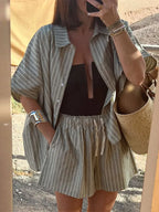 Striped Half Sleeve Shirt and Wide Leg Shorts Set