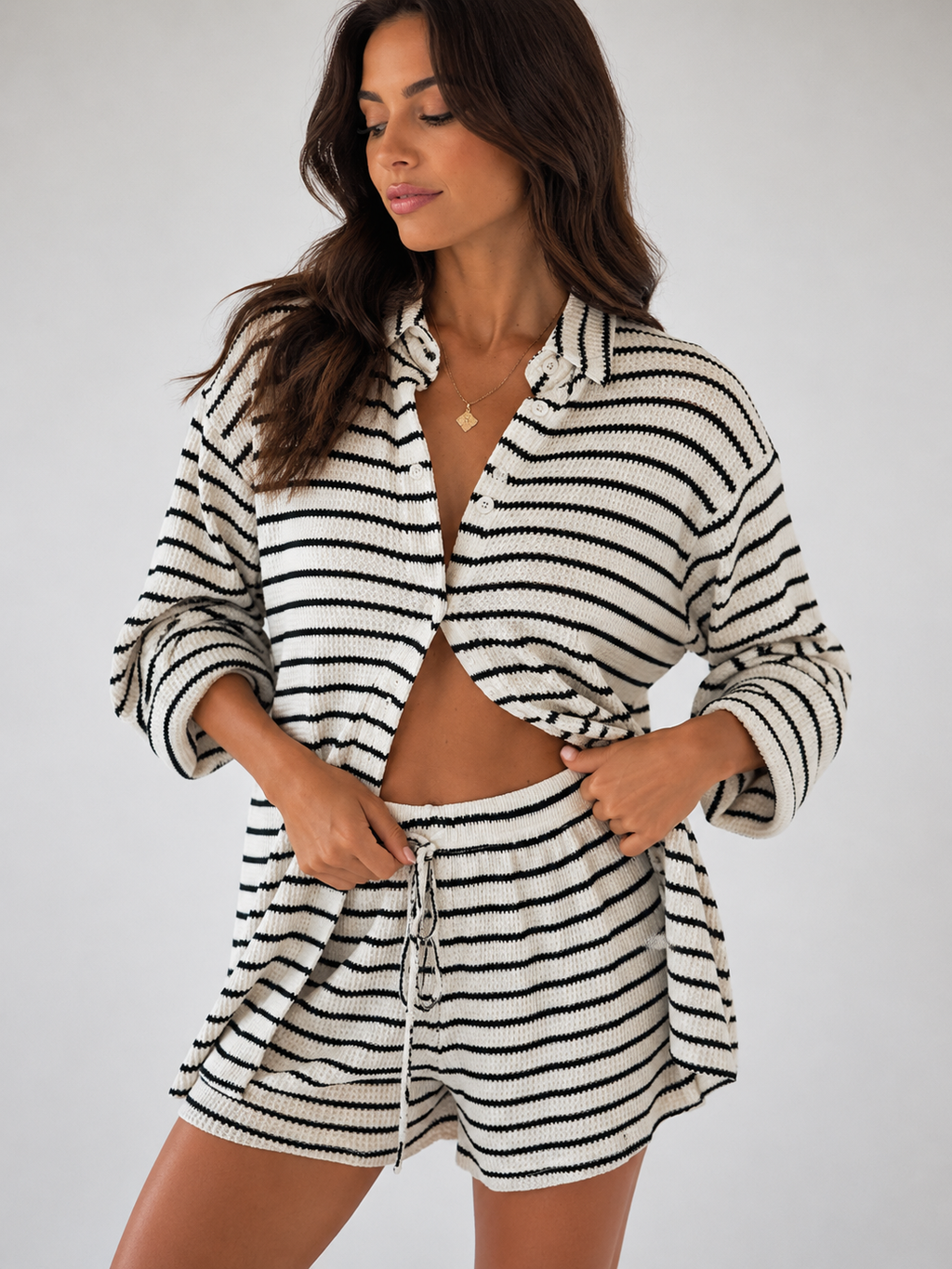 Striped Shirt and Belted Shorts Two Piece Co-ord Set