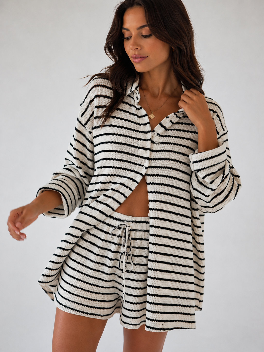 Striped Shirt and Belted Shorts Two Piece Co-ord Set