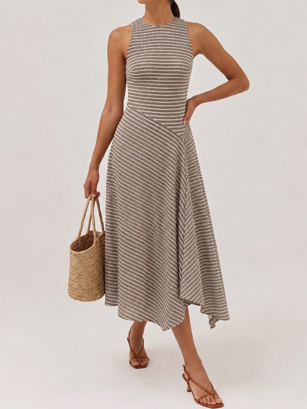Textured Striped Asymmetric Sleeveless Midi Dress
