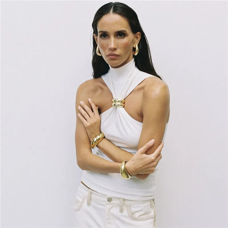Turtleneck Knit Tank Top with Metal Ring Detail