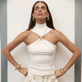 Turtleneck Knit Tank Top with Metal Ring Detail