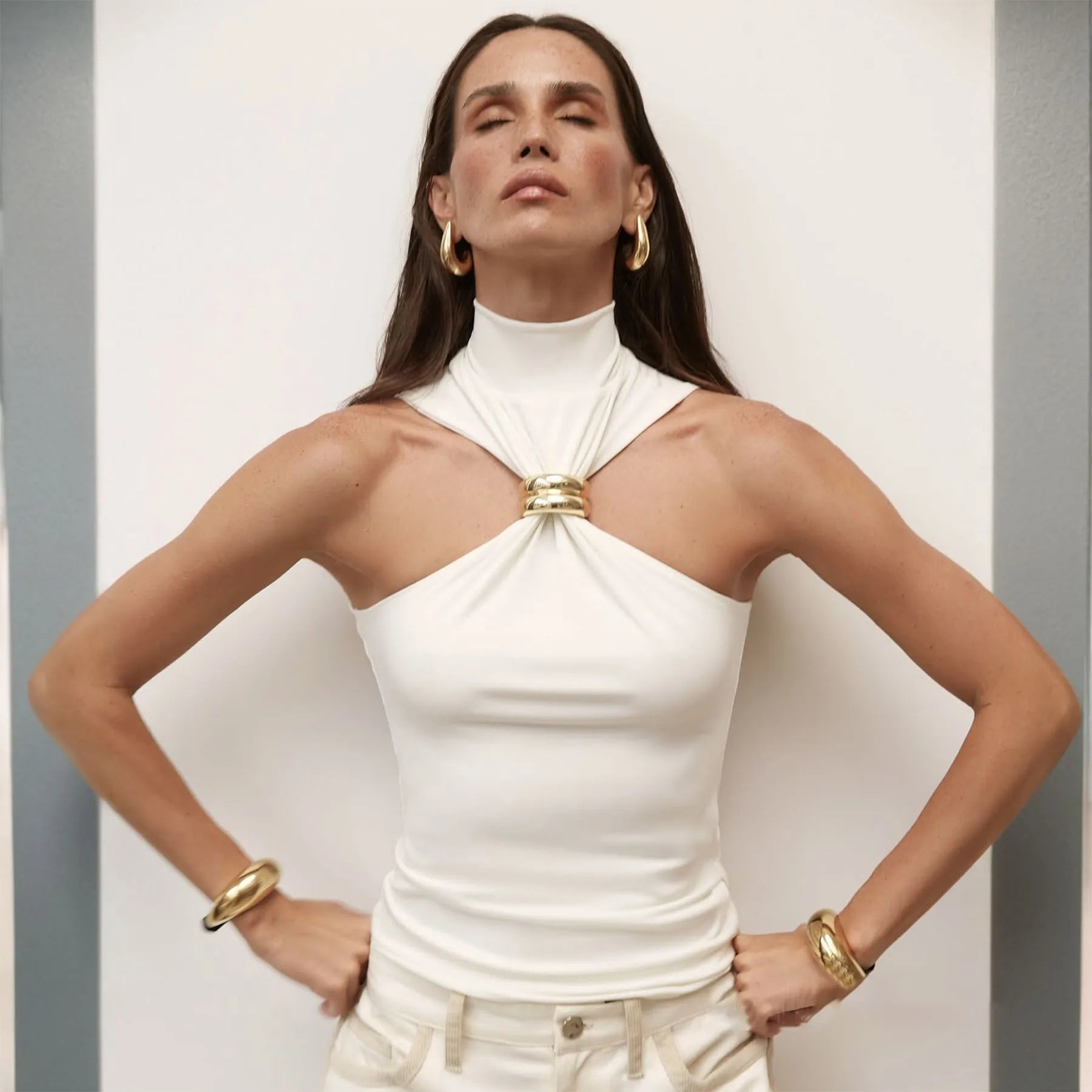 Turtleneck Knit Tank Top with Metal Ring Detail