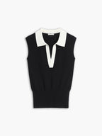 V-Neck Knit Sweater Vest with Contrast Trim Collar