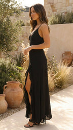 V-Neck Sleeveless Ruffle Slit Maxi Dress