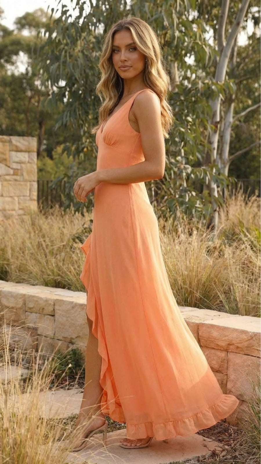 V-Neck Sleeveless Ruffle Slit Maxi Dress