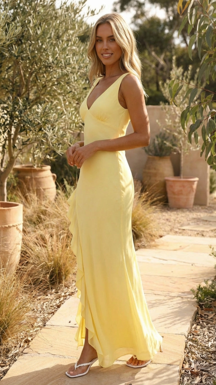V-Neck Sleeveless Ruffle Slit Maxi Dress