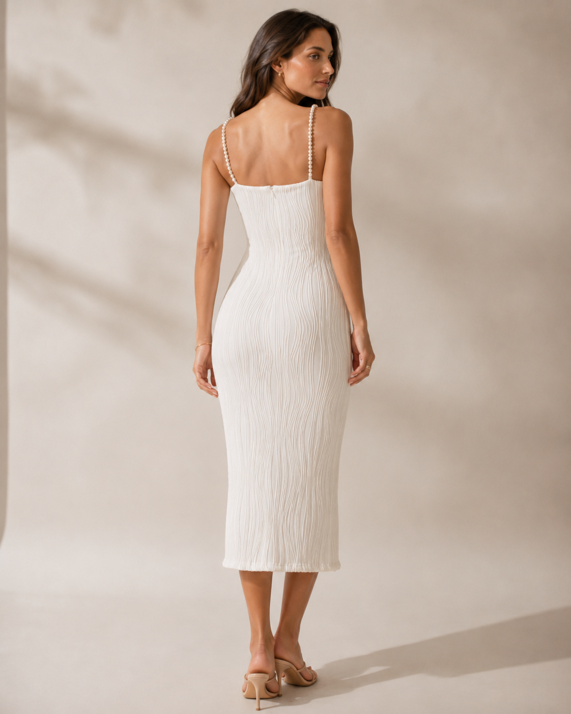 Water Ripple Textured Midi Dress with Pearl Straps