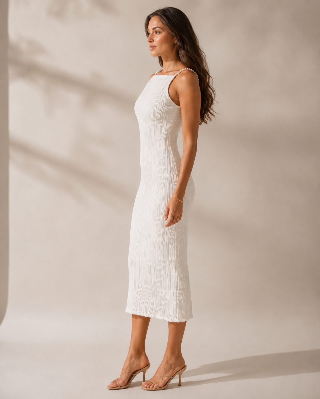 Water Ripple Textured Midi Dress with Pearl Straps
