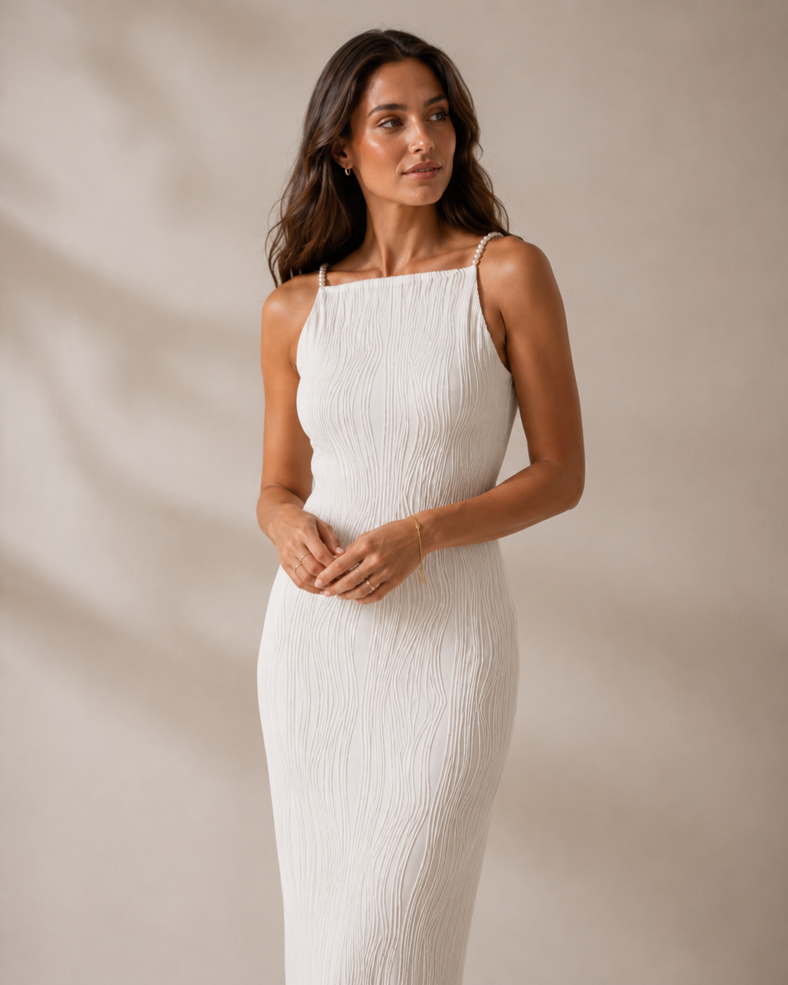 Water Ripple Textured Midi Dress with Pearl Straps