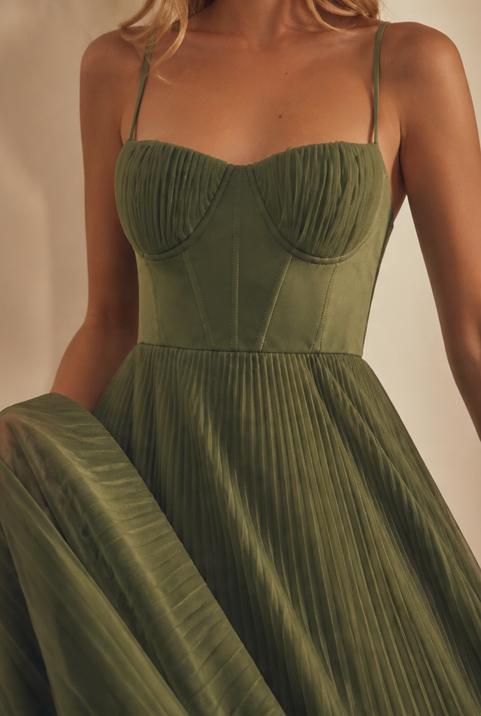 Pleated High Waist Spaghetti Strap Wedding Guest Dress