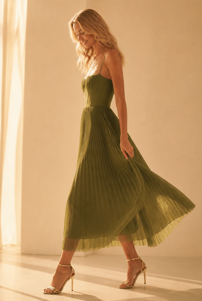 Pleated High Waist Spaghetti Strap Wedding Guest Dress