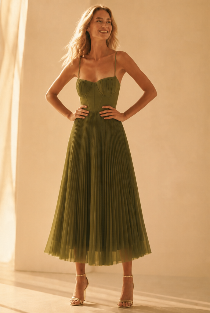 Pleated High Waist Spaghetti Strap Wedding Guest Dress