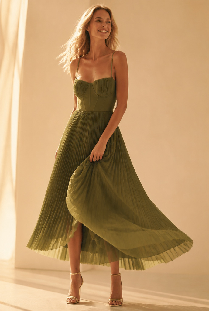 Pleated High Waist Spaghetti Strap Wedding Guest Dress