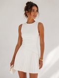 White Crew Neck Pleated Hem Mini Dress