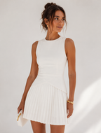 White Crew Neck Pleated Hem Mini Dress