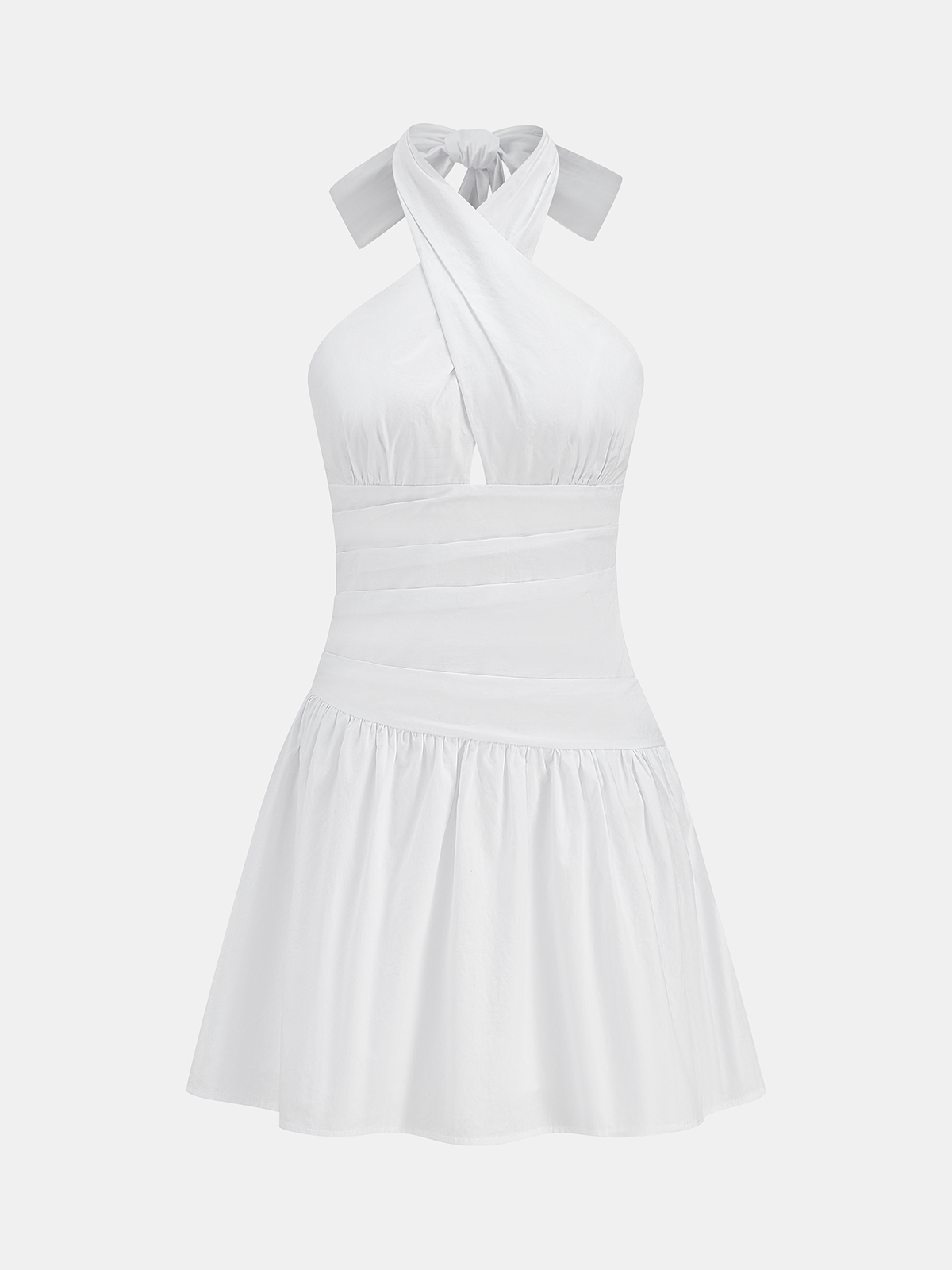 White Crisscross Neck Ruched Mini Dress