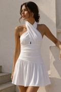 White Crisscross Neck Ruched Mini Dress