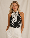 White Halter Neck Polka Dot Ribbon Sleeveless Vest Top