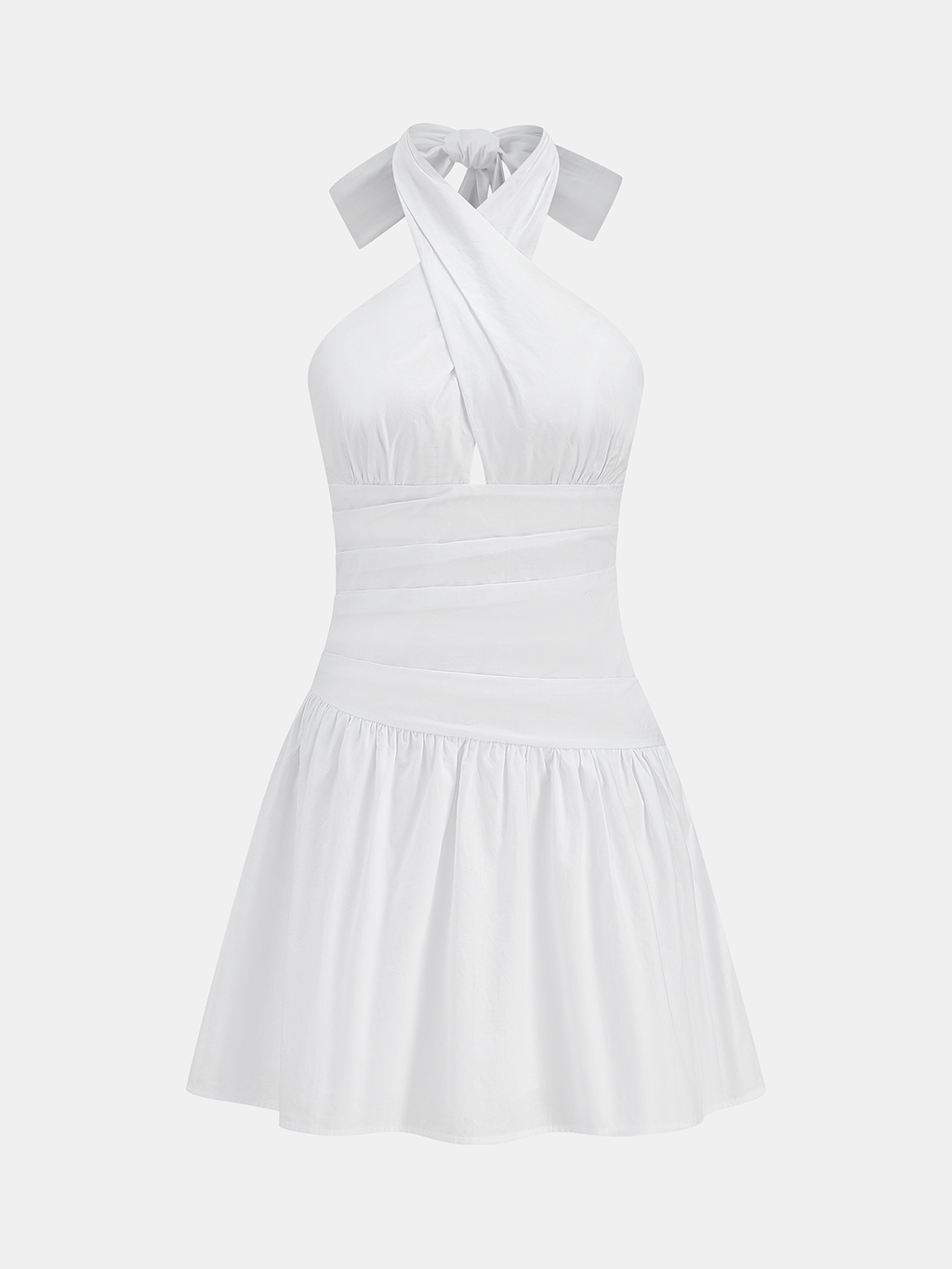 White Halter Neck Ruched Cotton Mini Dress