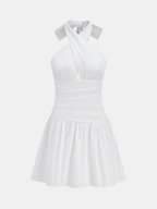White Halter Neck Ruched Cotton Mini Dress