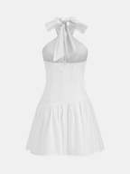 White Halter Neck Ruched Cotton Mini Dress