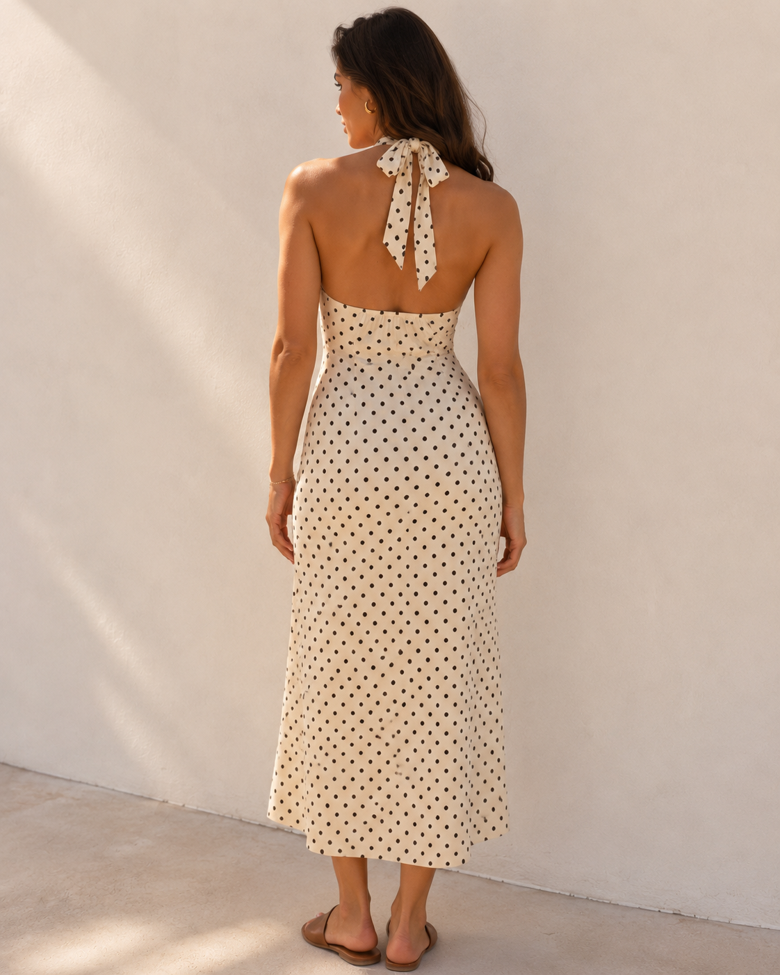 Women's White Polka Dot Halter Neck Maxi Dress