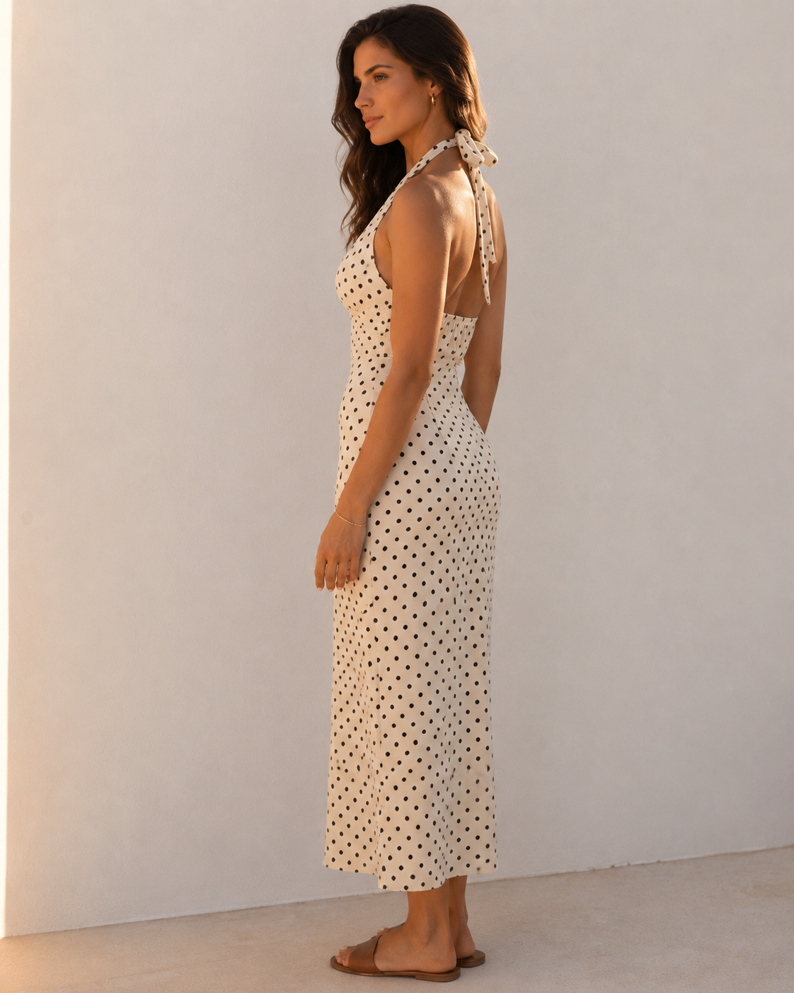 Women's White Polka Dot Halter Neck Maxi Dress