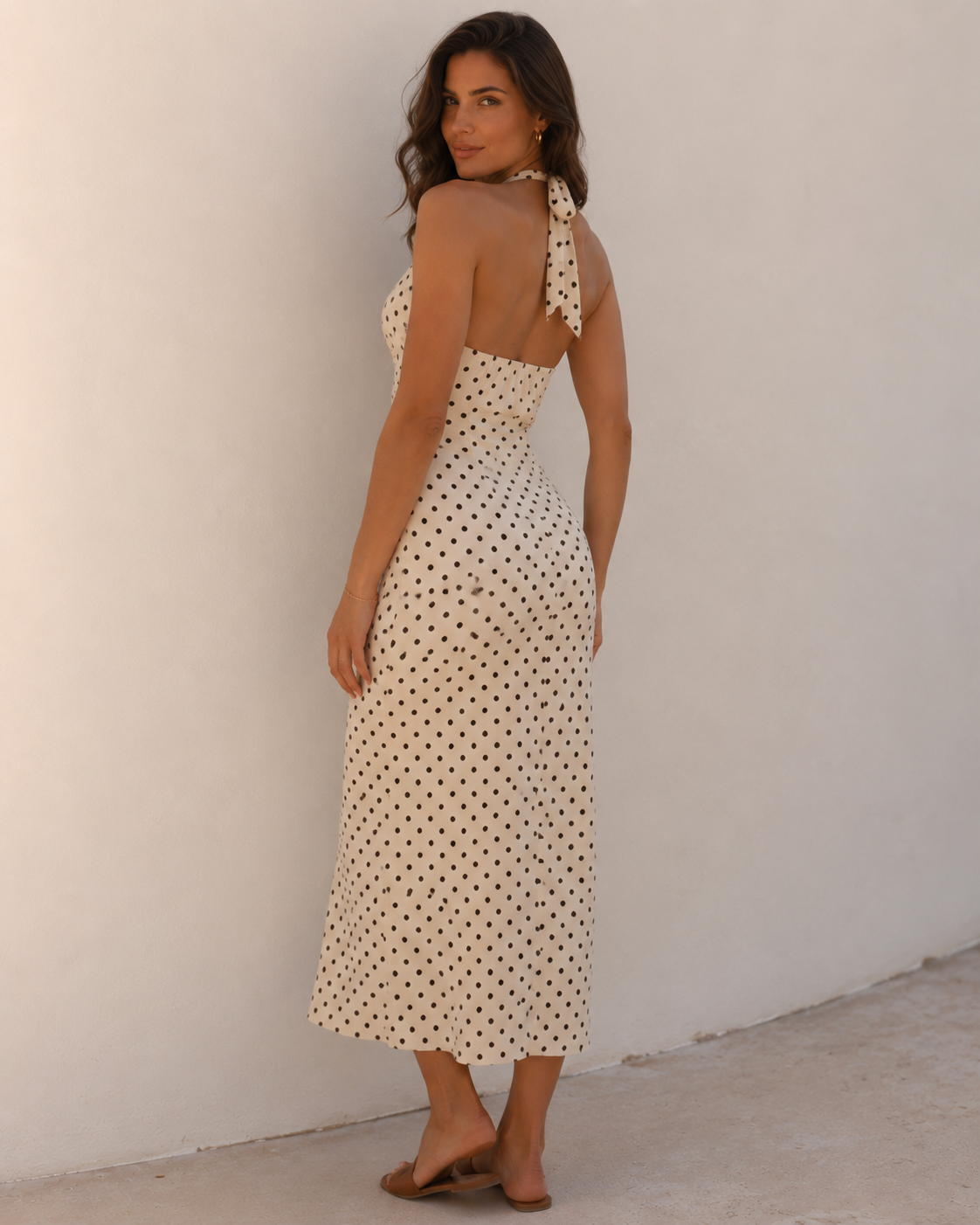 Women's White Polka Dot Halter Neck Maxi Dress