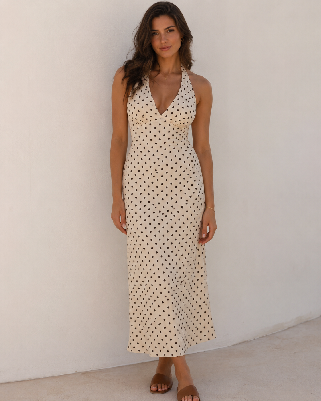 Women's White Polka Dot Halter Neck Maxi Dress