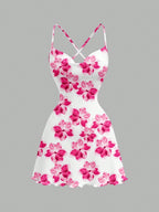 White Off Shoulder Floral Print Backless Mini Dress