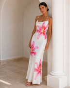 White Square Neck Floral Print Bodycon Midi Dress