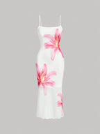 White Square Neck Floral Print Bodycon Midi Dress