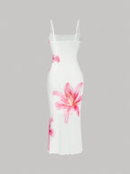 White Square Neck Floral Print Bodycon Midi Dress