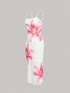 White Square Neck Floral Print Bodycon Midi Dress