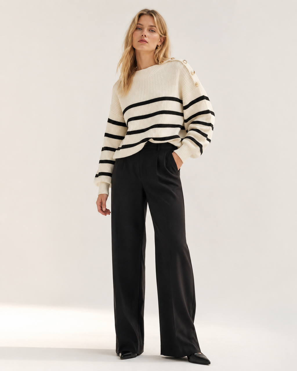 White Striped Oversized Crew Neck Knit Sweater
