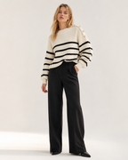 White Striped Oversized Crew Neck Knit Sweater