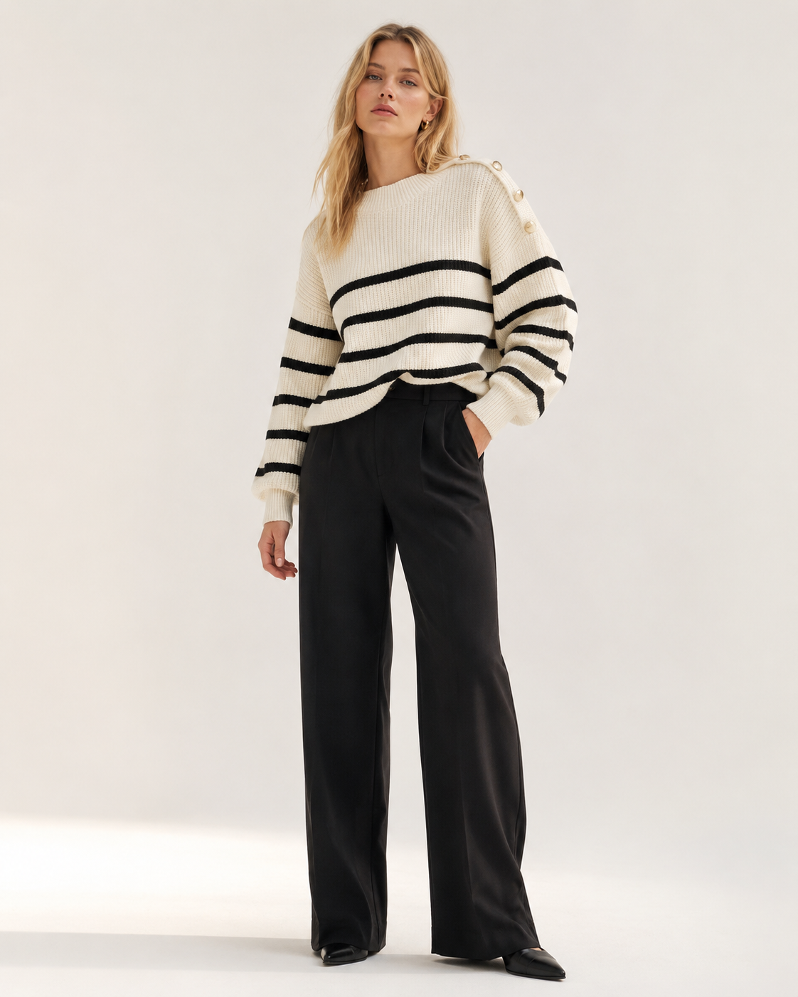 White Striped Oversized Crew Neck Knit Sweater