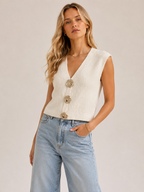 White V-Neck Open Front Sleeveless Knit Vest