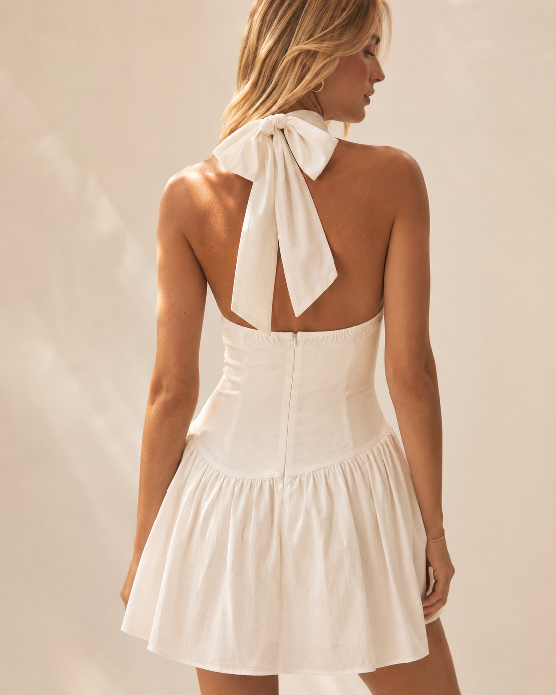 White Halter Neck Ruched Cotton Mini Dress