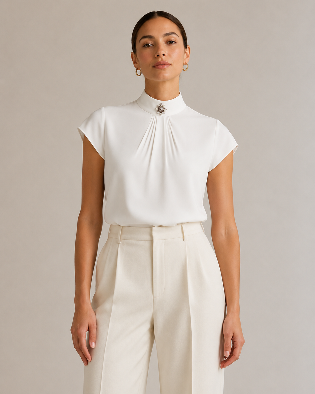 White High Neck Jewel Brooch Pleated Cap Sleeve Blouse