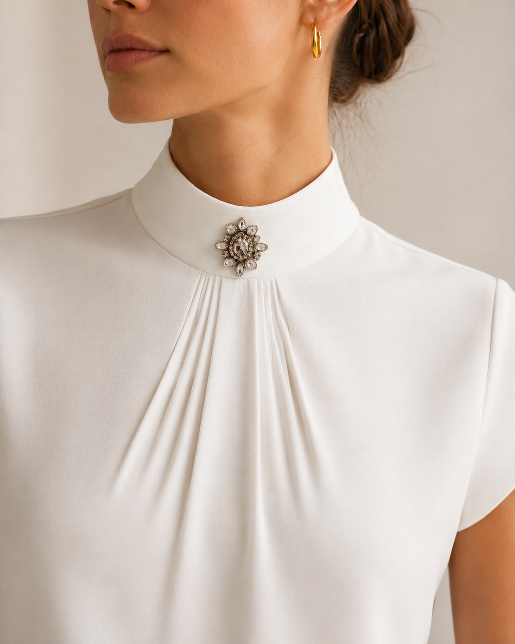 White High Neck Jewel Brooch Pleated Cap Sleeve Blouse