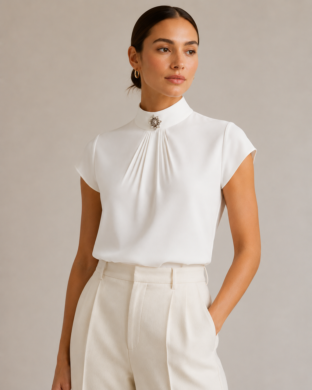 White High Neck Jewel Brooch Pleated Cap Sleeve Blouse