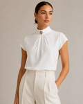 White High Neck Jewel Brooch Pleated Cap Sleeve Blouse